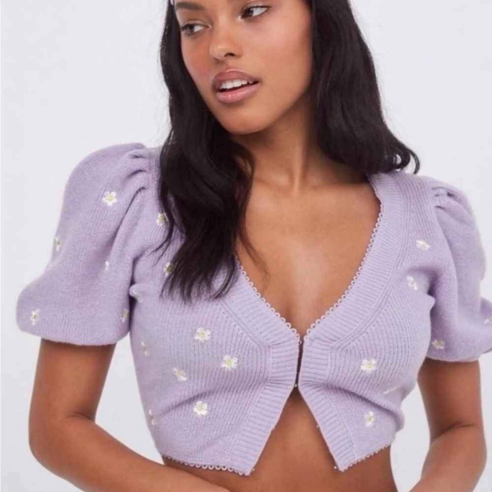 For Love And Lemons Lilac Cardigan with White Floral Embroidery